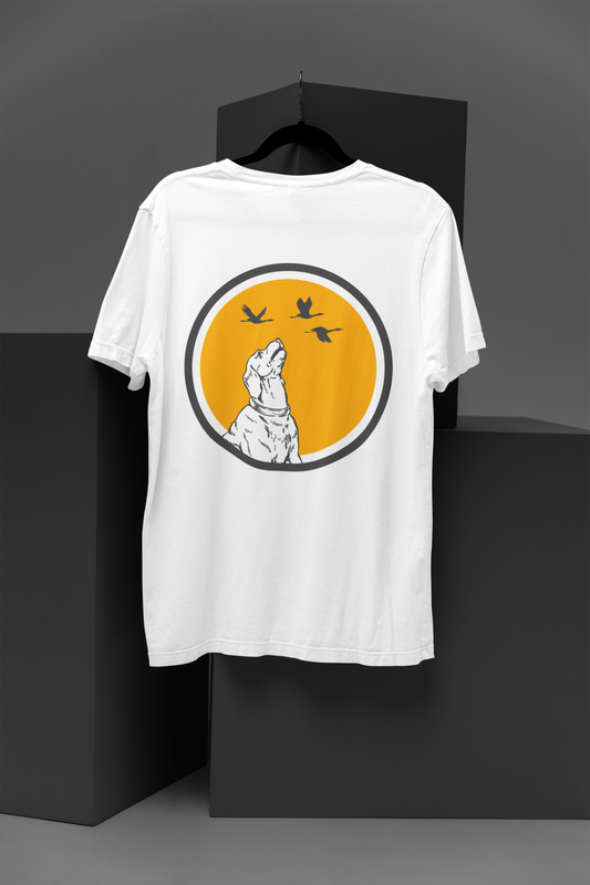 Lunar Canine Serenade - Howling Dog &amp; Geese Flight Circle Logo Tee