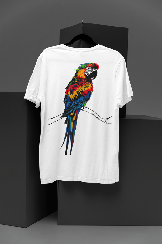 Asemic Avian Echoes - Colorful Parrot in Abstract Script Art Tee
