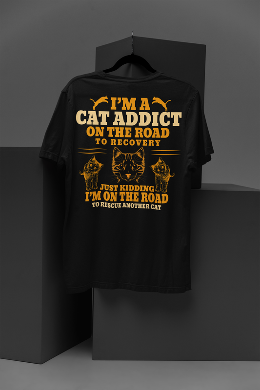 Confessions of a Feline Fanatic - 'Cat Addict to Rescue Road' Tee