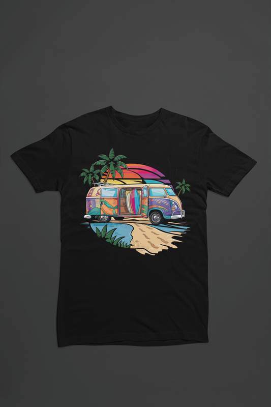 Surf's Up Sunset - Beach Van and Palm Trees Tee