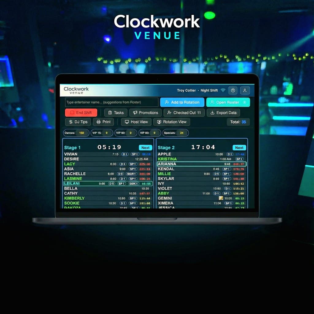 Clockwork Venue real-time nightclub dashboard shown on a laptop