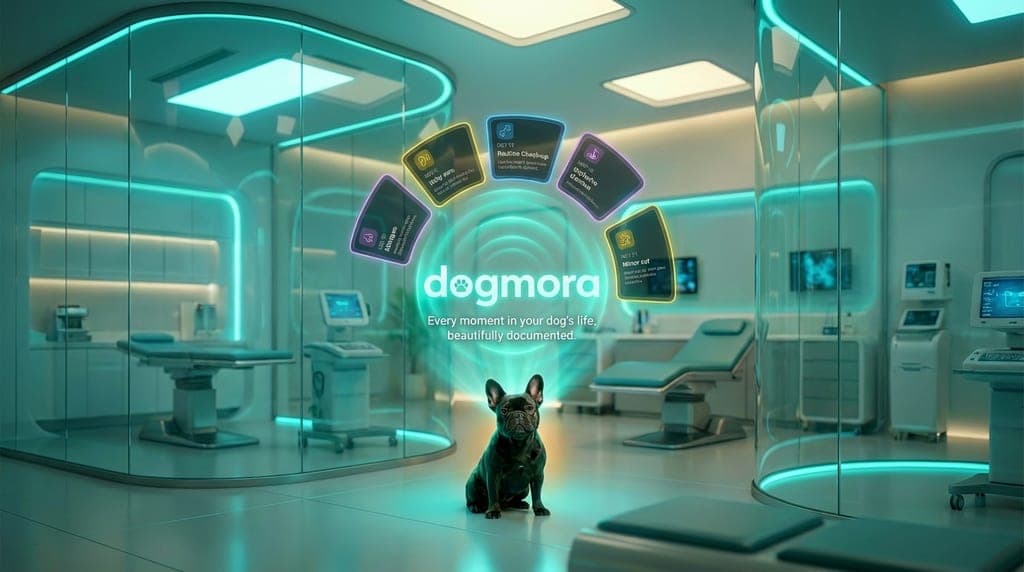 Dogmora pet health timeline concept with a dog in a clinic