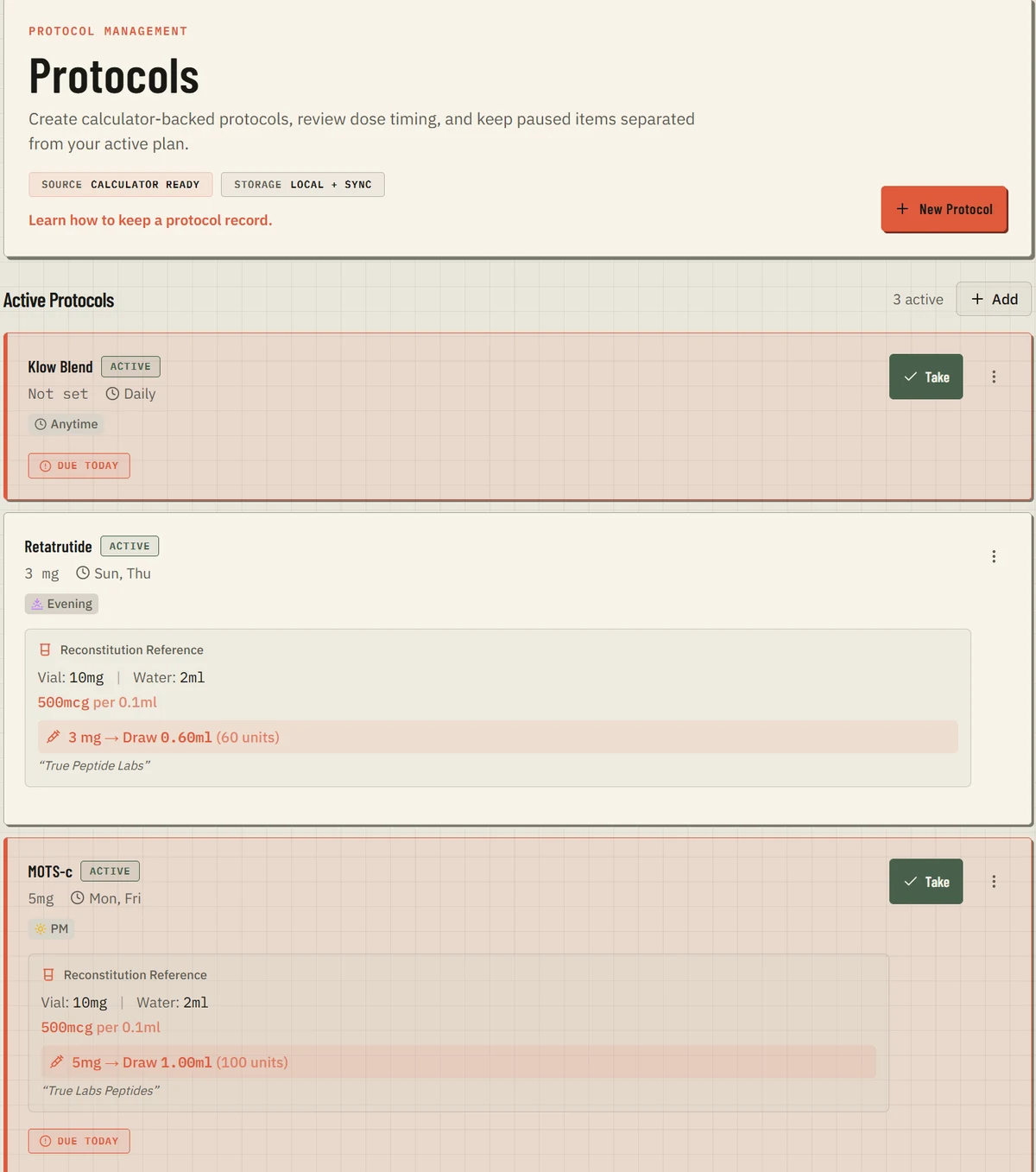 The Protocols screen listing active protocols with dose, schedule, time of day, and an attached reconstitution reference