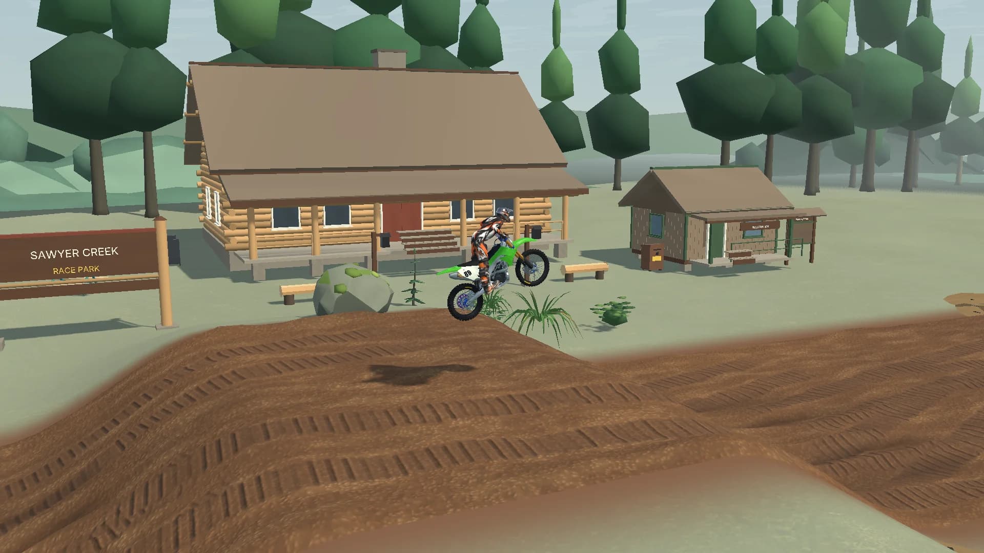 Unity 6 development capture of a rider jumping past the Sawyer Creek Race Park lodge