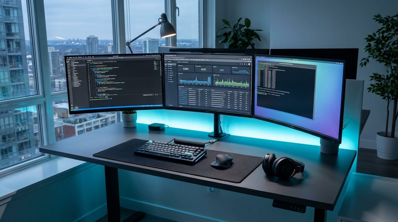 Modern software development workspace with code on screens